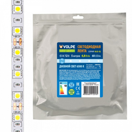 Лента светодиодная [5 м] Volpe ULS-Q320 ULS-Q320 2835-60LED/m-8mm-IP20-DC12V-4,8W/m-5M-6500K катушка в герметичной упаковке