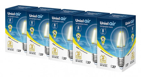 Набор из 5 ламп светодиодных Uniel GLA01TR E27 8Вт 3000K LED-A60-8W/WW/E27/CL GLA01TR
